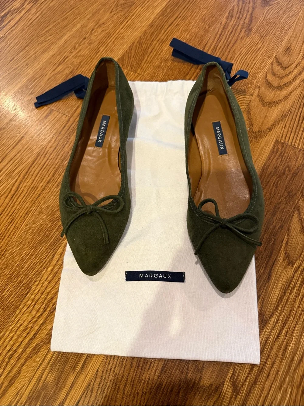 Margaux Olive Green Suede Pointed-Toe Ballet Flats with Bow - NARROW Size